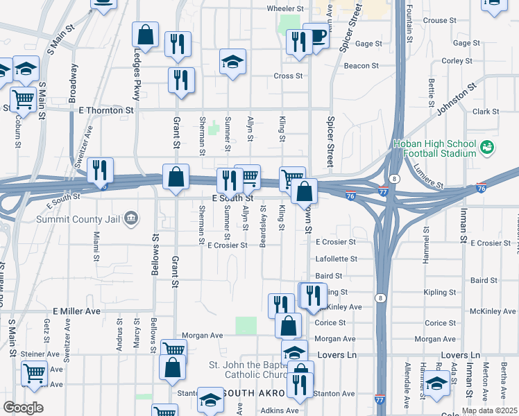 map of restaurants, bars, coffee shops, grocery stores, and more near 768 Beardsley Street in Akron