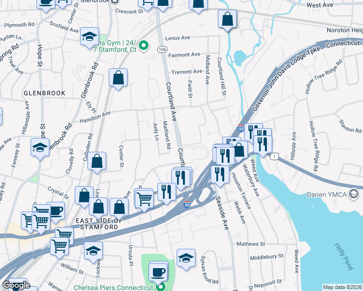 map of restaurants, bars, coffee shops, grocery stores, and more near 53 Courtland Avenue in Stamford