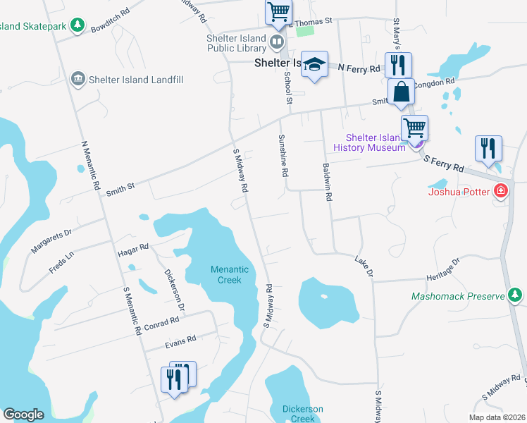 map of restaurants, bars, coffee shops, grocery stores, and more near 17B South Midway Road in Shelter Island