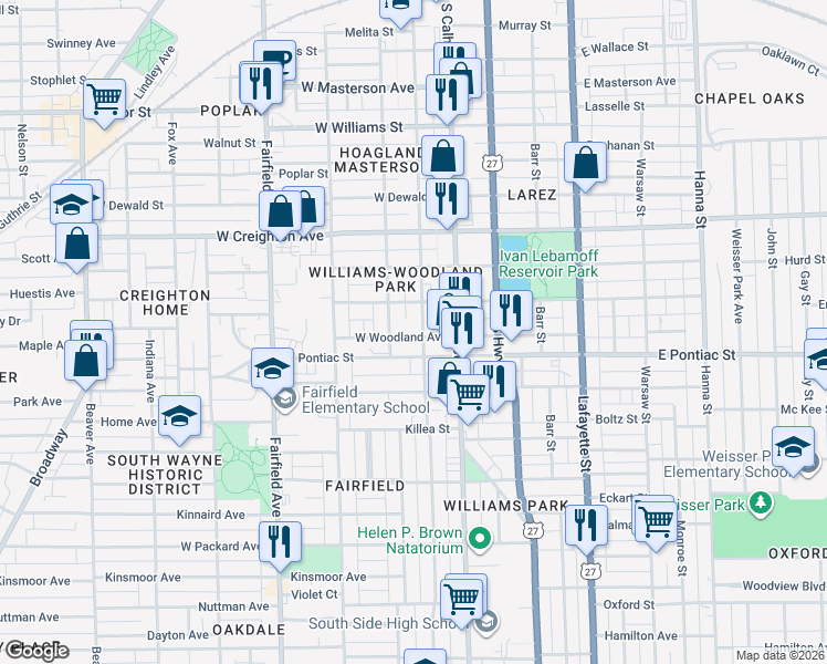 map of restaurants, bars, coffee shops, grocery stores, and more near 208 West Woodland Avenue in Fort Wayne
