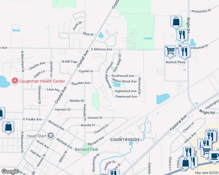 map of restaurants, bars, coffee shops, grocery stores, and more near 1700-1834 Woodridge Crescent in Findlay