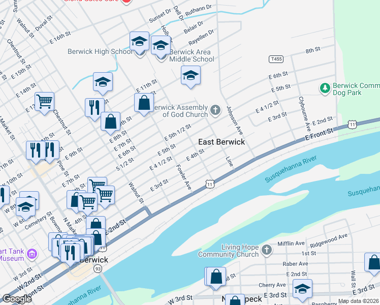 map of restaurants, bars, coffee shops, grocery stores, and more near 615 E 4th St in Berwick