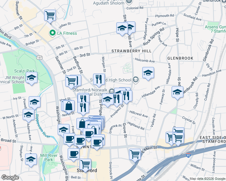 map of restaurants, bars, coffee shops, grocery stores, and more near 112 Hoyt Street in Stamford