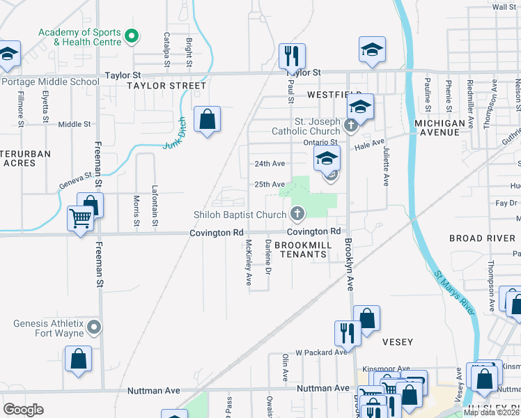 map of restaurants, bars, coffee shops, grocery stores, and more near 2602 Darlene Court in Fort Wayne