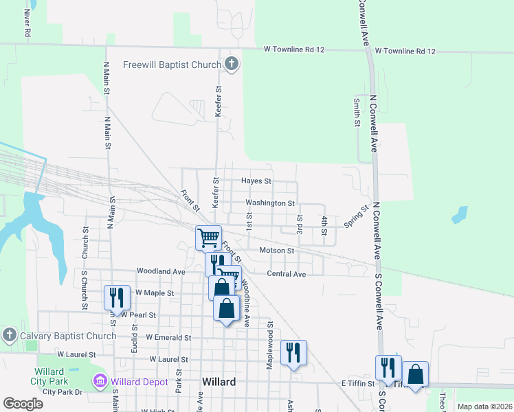 map of restaurants, bars, coffee shops, grocery stores, and more near 211 2nd Street in Willard