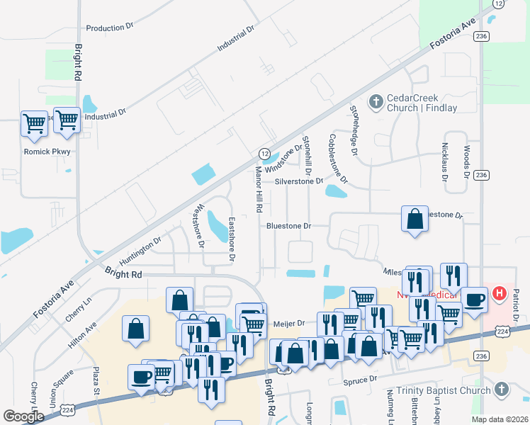 map of restaurants, bars, coffee shops, grocery stores, and more near 2014 Bluestone Drive in Findlay