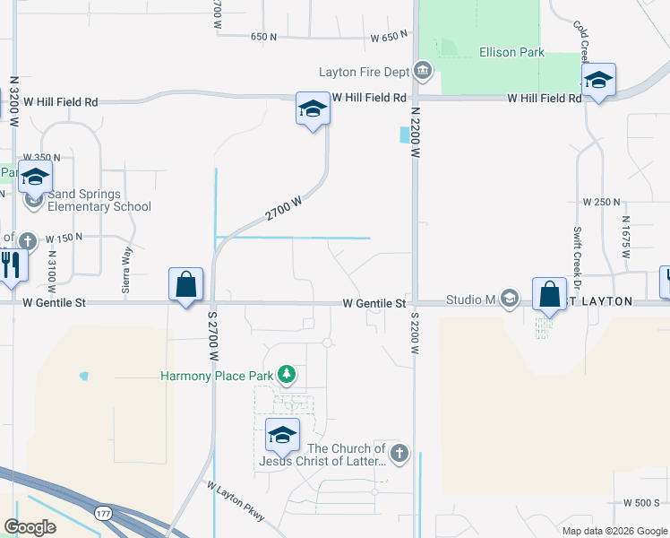 map of restaurants, bars, coffee shops, grocery stores, and more near 89 Village Park Drive in Layton