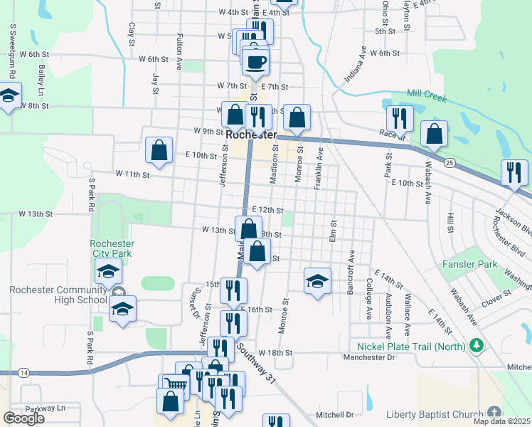 map of restaurants, bars, coffee shops, grocery stores, and more near 1200 Madison Street in Rochester