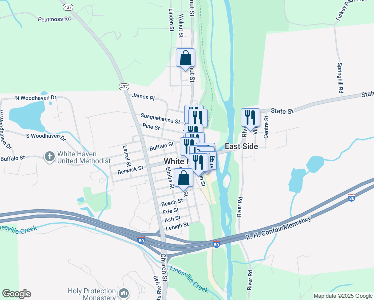 map of restaurants, bars, coffee shops, grocery stores, and more near 351 Towanda Street in White Haven