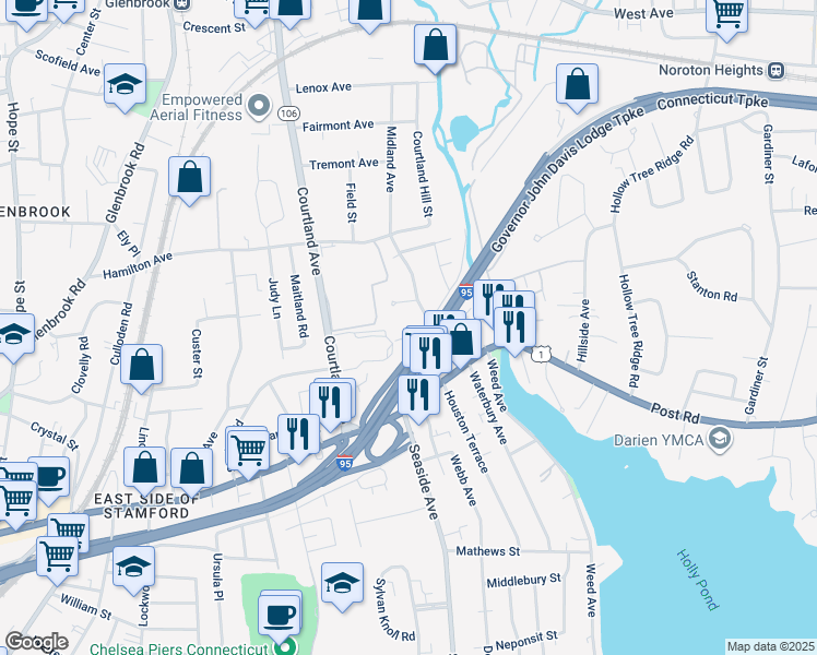 map of restaurants, bars, coffee shops, grocery stores, and more near 14 De Bera Lane in Stamford