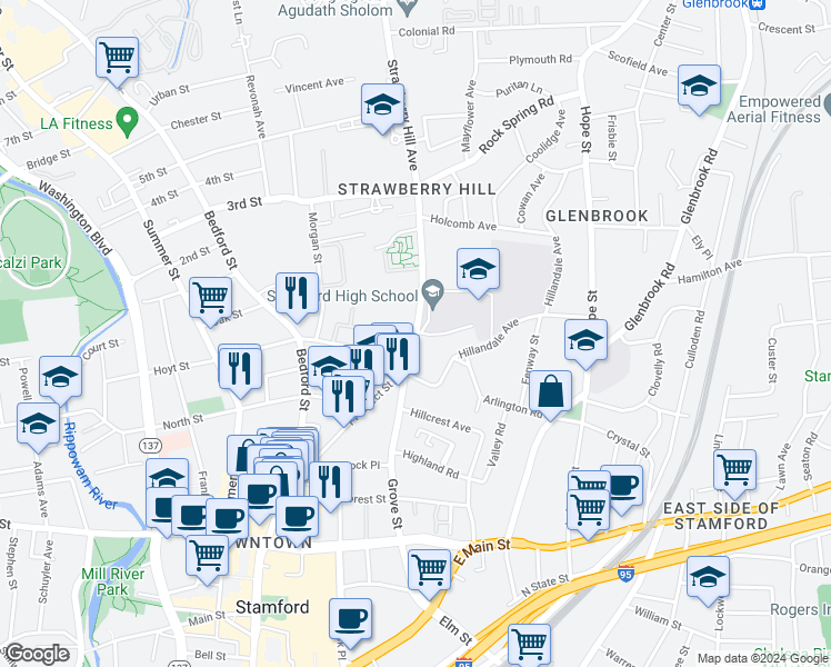 map of restaurants, bars, coffee shops, grocery stores, and more near 27 Strawberry Hill Avenue in Stamford