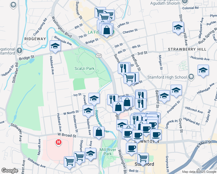 map of restaurants, bars, coffee shops, grocery stores, and more near 21 Court Street in Stamford