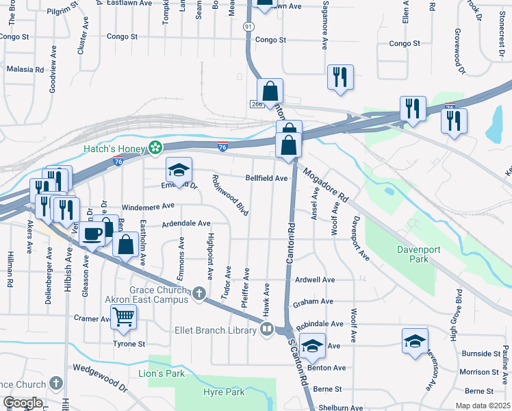 map of restaurants, bars, coffee shops, grocery stores, and more near 98 Hawk Avenue in Akron