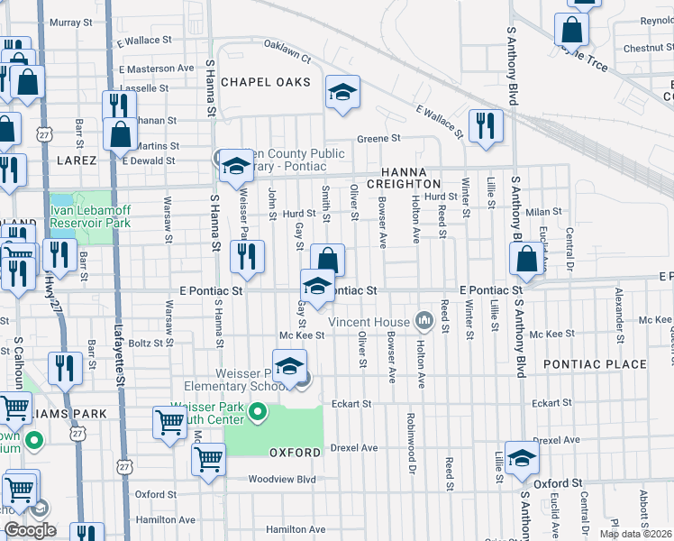 map of restaurants, bars, coffee shops, grocery stores, and more near 2608 Oliver St in Fort Wayne