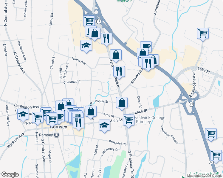 map of restaurants, bars, coffee shops, grocery stores, and more near 201 Washington Drive in Ramsey
