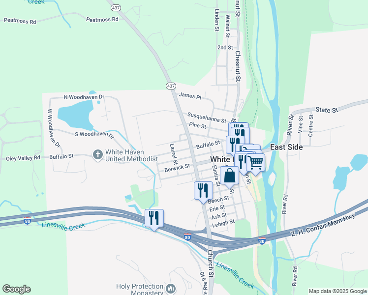 map of restaurants, bars, coffee shops, grocery stores, and more near 521 Buffalo Street in White Haven