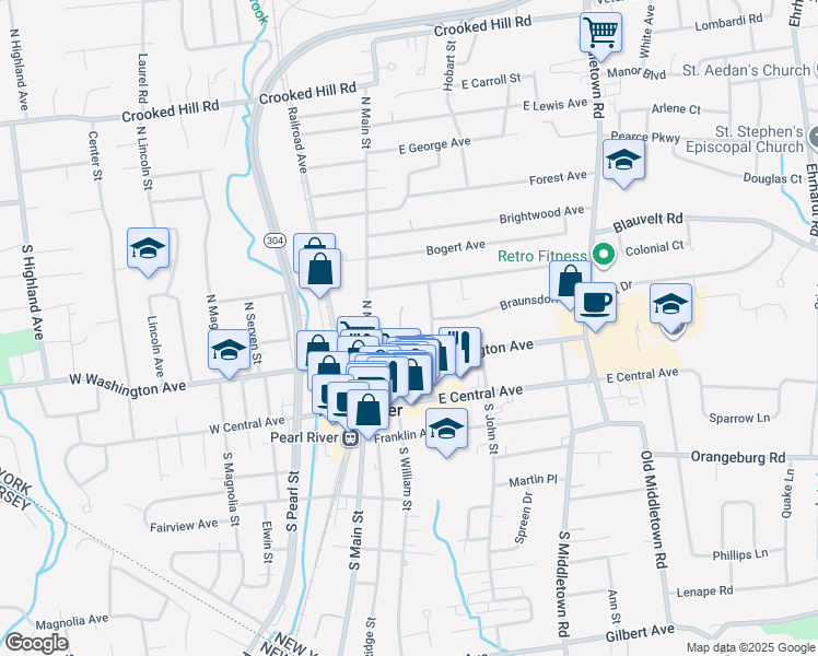 map of restaurants, bars, coffee shops, grocery stores, and more near 47 North William Street in Pearl River