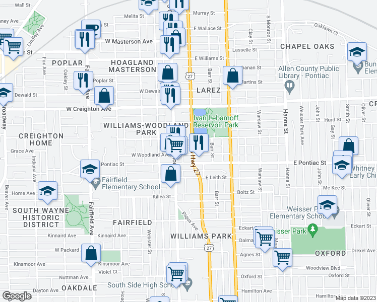 map of restaurants, bars, coffee shops, grocery stores, and more near 129 East Woodland Avenue in Fort Wayne
