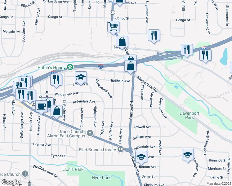 map of restaurants, bars, coffee shops, grocery stores, and more near 98 Hawk Avenue in Akron