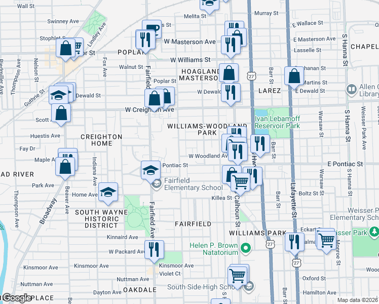 map of restaurants, bars, coffee shops, grocery stores, and more near 336 West Woodland Avenue in Fort Wayne