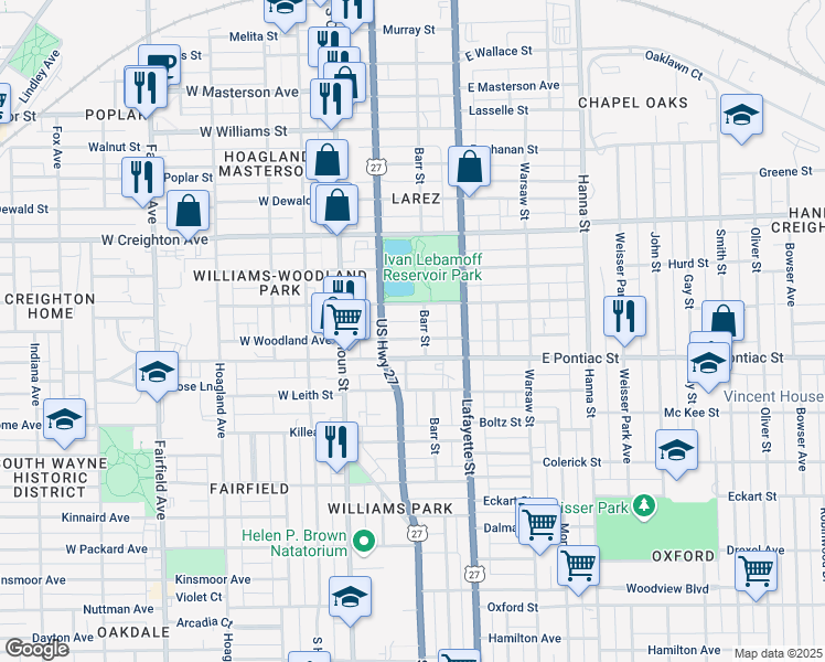 map of restaurants, bars, coffee shops, grocery stores, and more near 239 East Woodland Avenue in Fort Wayne