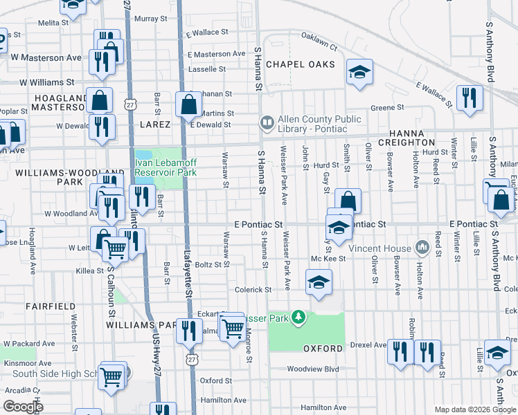 map of restaurants, bars, coffee shops, grocery stores, and more near 2617 Hanna Street in Fort Wayne