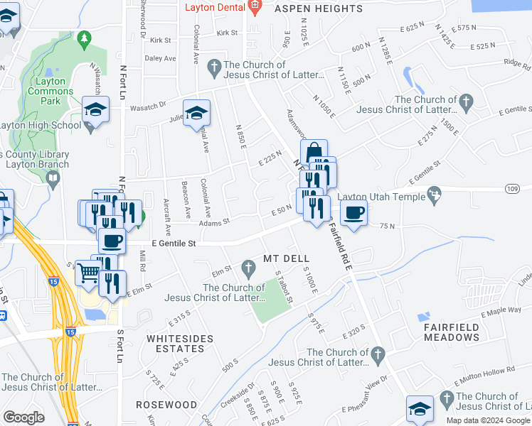 map of restaurants, bars, coffee shops, grocery stores, and more near 929 East 50 North in Layton