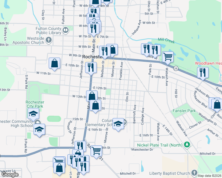 map of restaurants, bars, coffee shops, grocery stores, and more near 1200 Monroe Street in Rochester