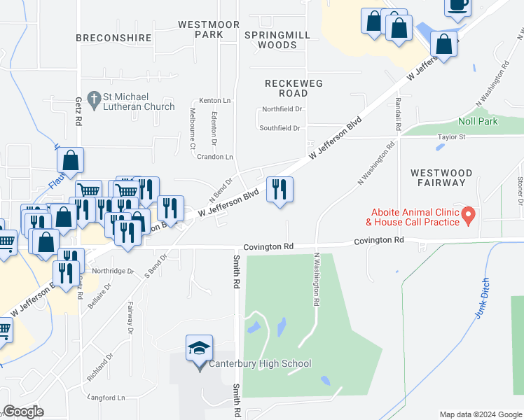map of restaurants, bars, coffee shops, grocery stores, and more near 5115 West Jefferson Boulevard in Fort Wayne