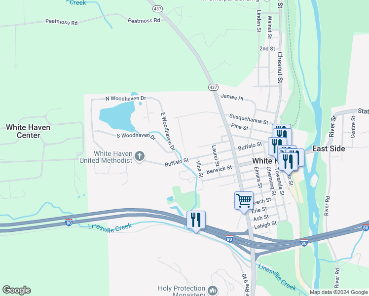 map of restaurants, bars, coffee shops, grocery stores, and more near 28 Peace Lane in White Haven