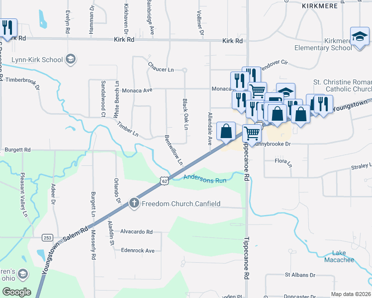 map of restaurants, bars, coffee shops, grocery stores, and more near 3475 Black Oak Ln in Youngstown
