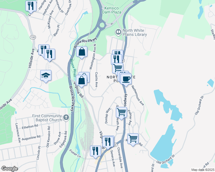 map of restaurants, bars, coffee shops, grocery stores, and more near 22 Washington Place East in White Plains