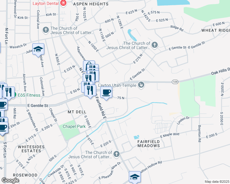 map of restaurants, bars, coffee shops, grocery stores, and more near 57 North Adamswood Road in Layton