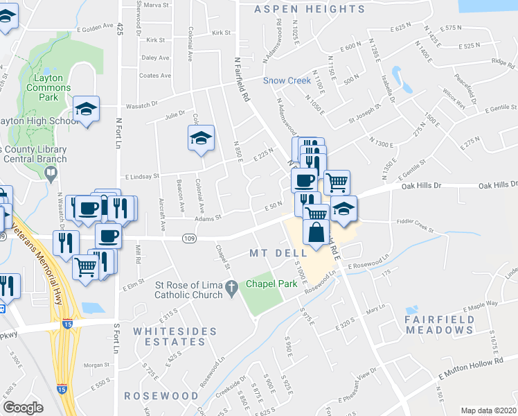 map of restaurants, bars, coffee shops, grocery stores, and more near 43 North 850 East in Layton