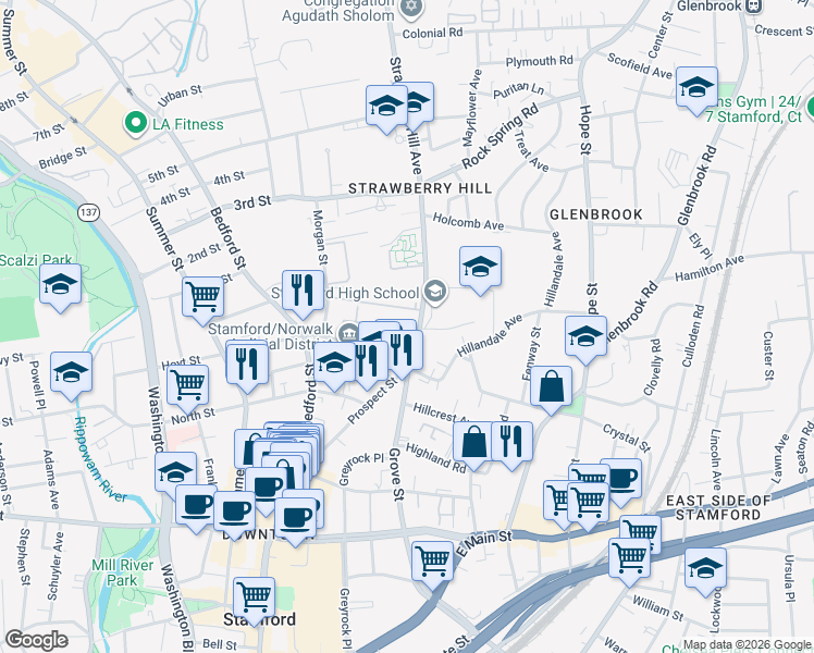 map of restaurants, bars, coffee shops, grocery stores, and more near 27 Strawberry Hill Avenue in Stamford