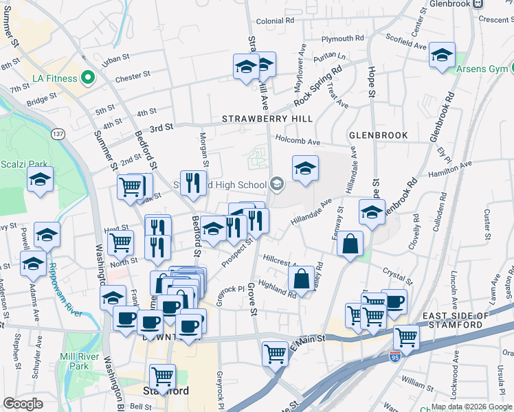 map of restaurants, bars, coffee shops, grocery stores, and more near 26 Strawberry Hill Avenue in Stamford