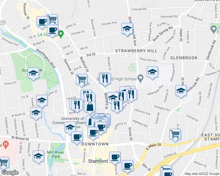 map of restaurants, bars, coffee shops, grocery stores, and more near 725 Bedford Street in Stamford