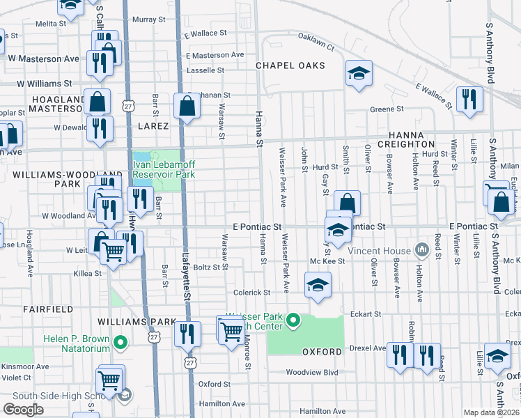 map of restaurants, bars, coffee shops, grocery stores, and more near 2617 Hanna Street in Fort Wayne