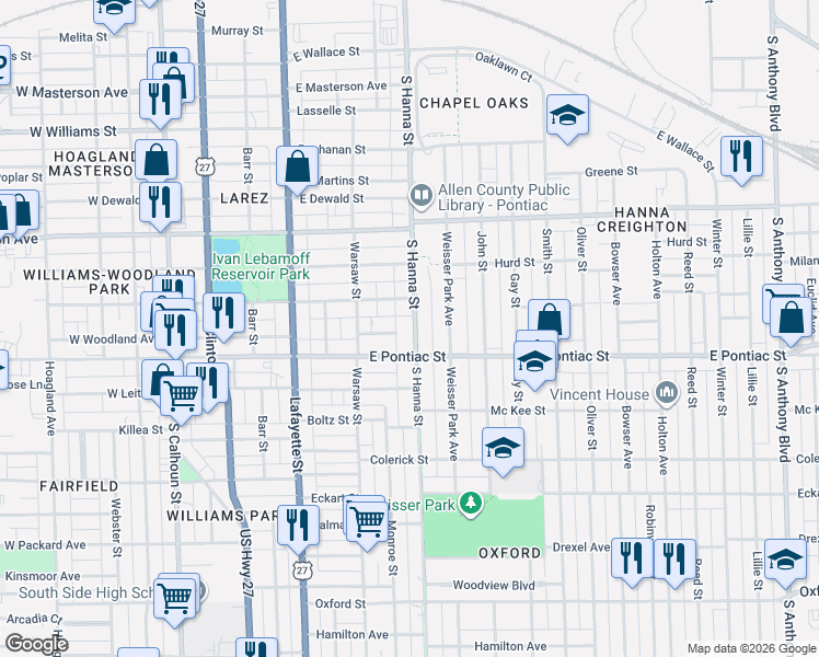 map of restaurants, bars, coffee shops, grocery stores, and more near 2617 Hanna Street in Fort Wayne