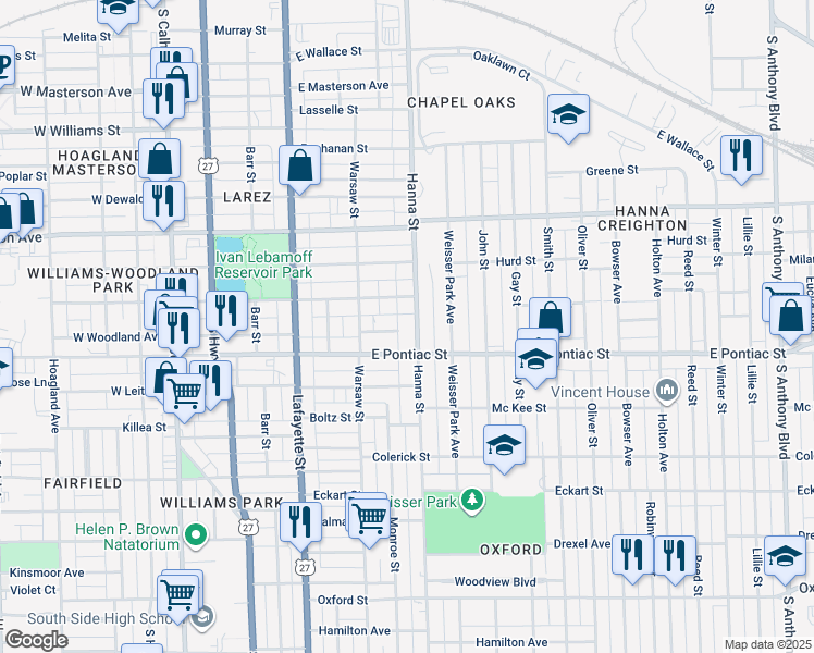 map of restaurants, bars, coffee shops, grocery stores, and more near 2617 Hanna Street in Fort Wayne