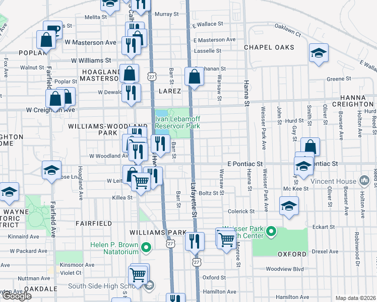 map of restaurants, bars, coffee shops, grocery stores, and more near in Fort Wayne
