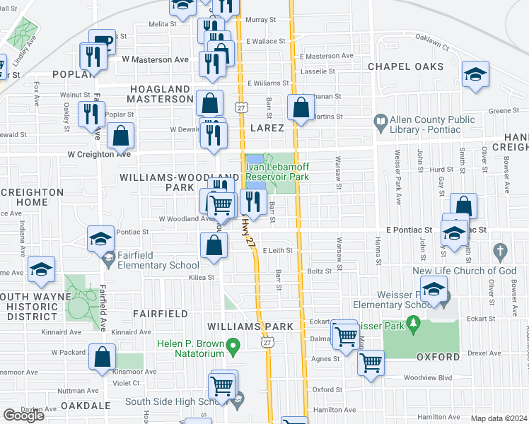 map of restaurants, bars, coffee shops, grocery stores, and more near 2609 South Clinton Street in Fort Wayne