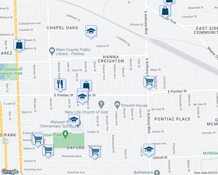 map of restaurants, bars, coffee shops, grocery stores, and more near 1314 East Woodbine Place in Fort Wayne