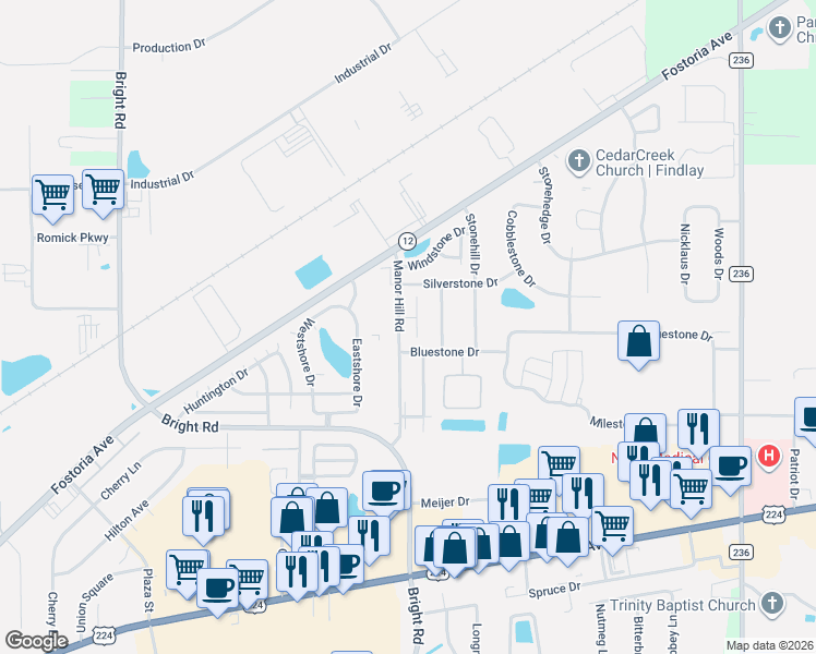 map of restaurants, bars, coffee shops, grocery stores, and more near 2014 Bluestone Drive in Findlay