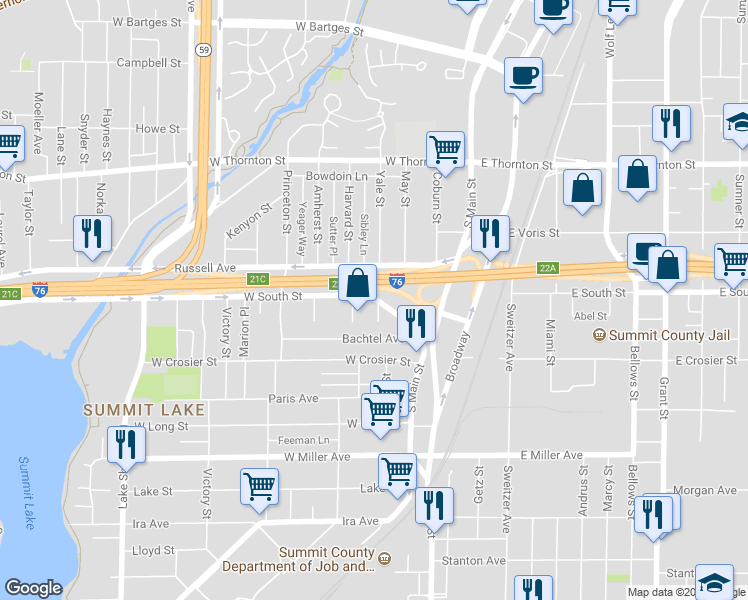 map of restaurants, bars, coffee shops, grocery stores, and more near 80 West South Street in Akron