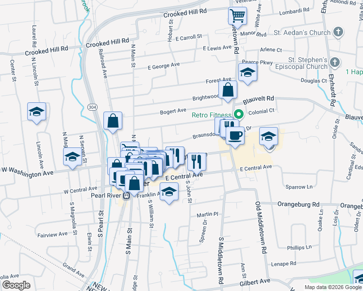 map of restaurants, bars, coffee shops, grocery stores, and more near 101 East Washington Avenue in Pearl River