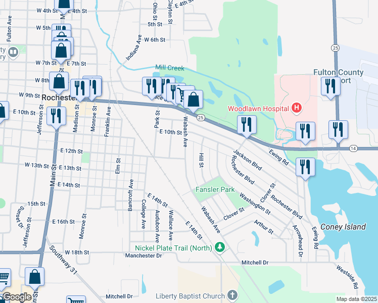 map of restaurants, bars, coffee shops, grocery stores, and more near 1201-1399 Wabash Avenue in Rochester