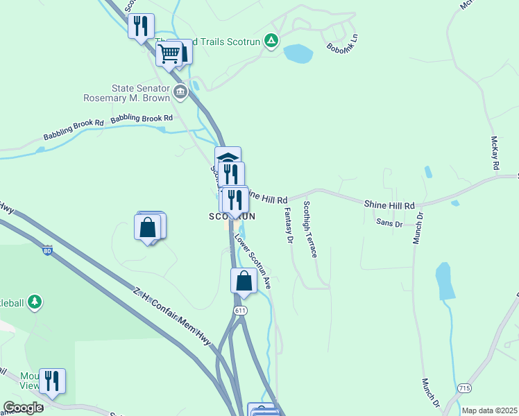 map of restaurants, bars, coffee shops, grocery stores, and more near 120 Shine Hill Road in Henryville