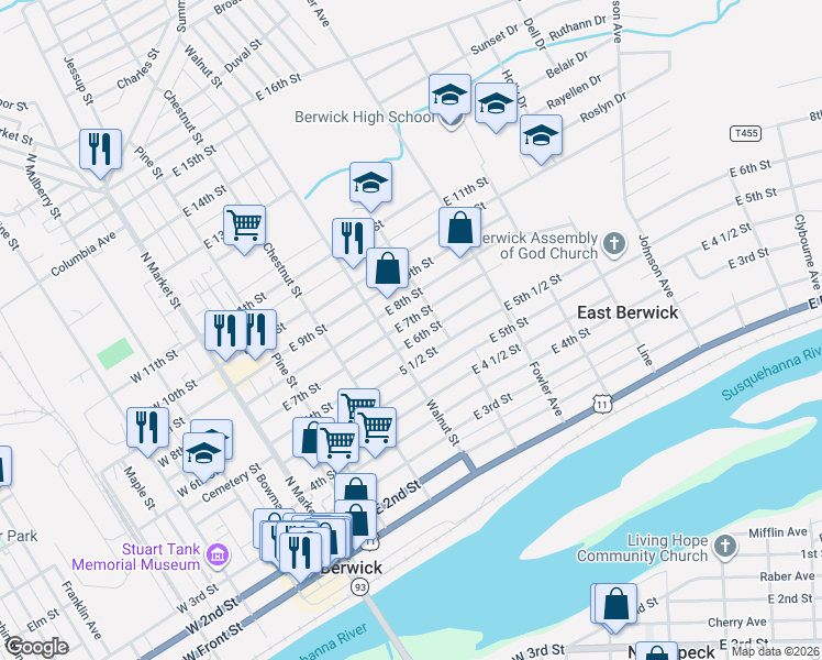 map of restaurants, bars, coffee shops, grocery stores, and more near 600-698 Walnut St in Berwick