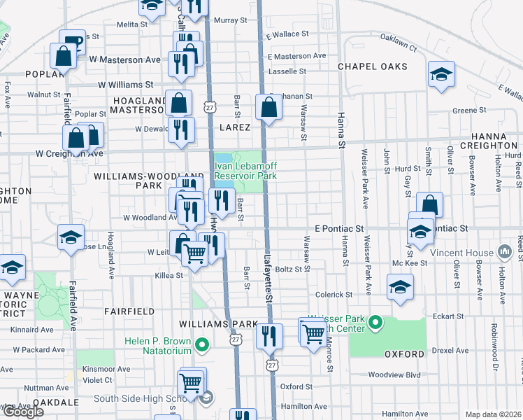 map of restaurants, bars, coffee shops, grocery stores, and more near in Fort Wayne